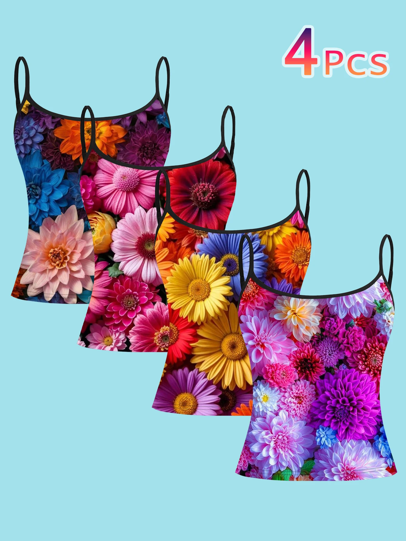 4-Piece Set of Colorful Dahlia Floral Print Camisoles for Women, Color-Blocking Realistic Floral Spaghetti Strap Waist-Cinching Slim-Fit Base Tops, Suitable for Cross-Border Vacation Casual Wear