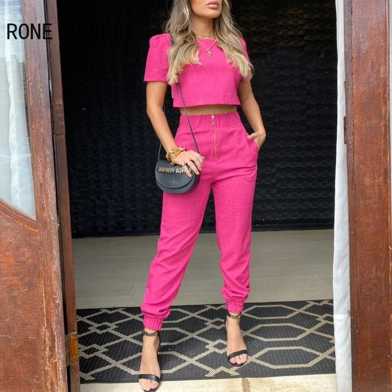 Conjunto de Top corto de manga abullonada y pantalones de diseño con bolsillo frontal y cremallera para mujer, traje de vacaciones de verano