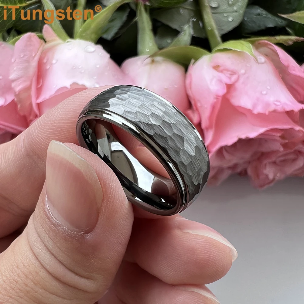 iTungsten 8mm Gunmetal Color Hammer Ring Men Women Tungsten Engagement Wedding Band Domed Stepped Edges Comfort Fit