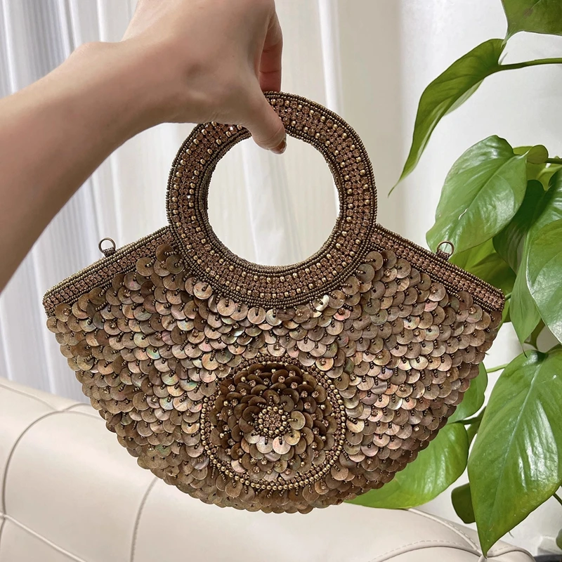 DOYUTIG indyjskie kobiety ręcznie wyszywane koralikami Shell Tote błyszczące haftowane Rhinestone torba na ramię pod pachami Lady Party torebka z uchwytem N024 — zdjęcie 4