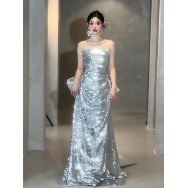 

Silver Evening Gown Luxury Sparkling Fi Tail Wedding Dr Long Skirt High Waist No Sve for Engagement And Wedding