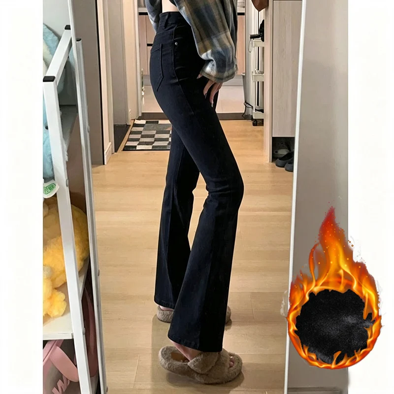 Winter Snow Warm Girls Thin Flared Jeans Lady Classic Black Fleece Thermal Pants Female High Waist Solid Plush Trousers