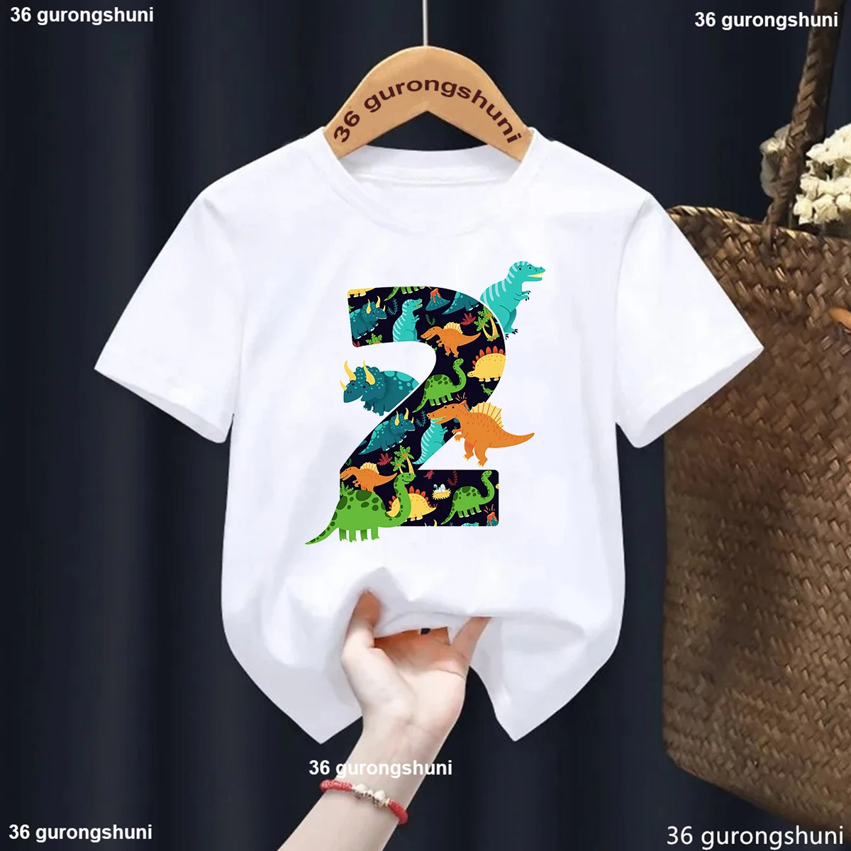 

Kids 2th Birthday Dinosaur Animal Printed T Shirt For Girls/Boys Kawaii Kids Clothes Summer Fashion Gray/Bule/Yellow T-Shirt