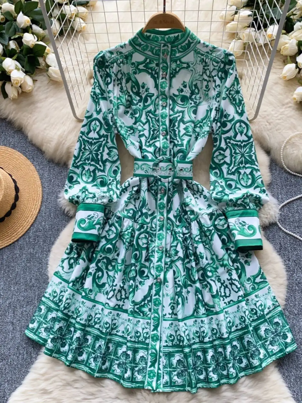 Summer Autumn Long Sleeve Floral Print Short Dress Shirt Women Single Breasted Belt Mini Party Vestidos Office Lady
