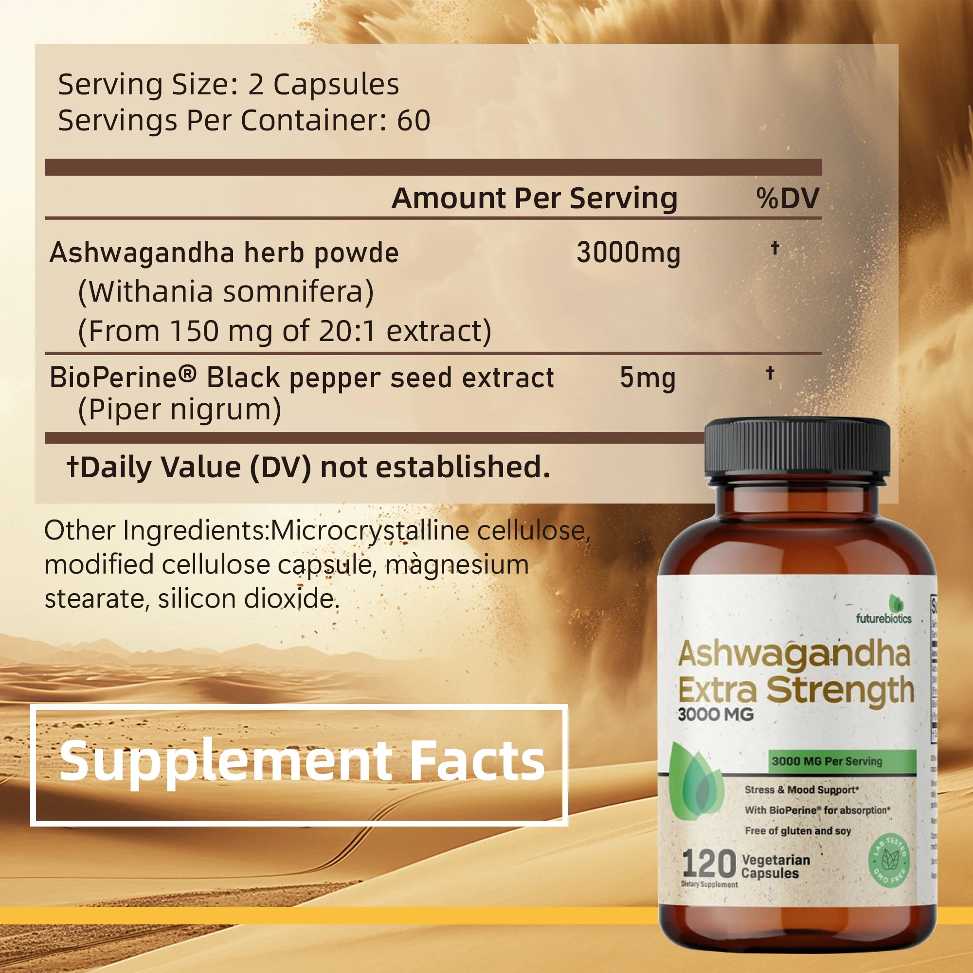 أشواغاندا قوة إضافية 3000 ملغ - تخفيف قوي للتوتر، يعزز وظيفة الدماغ، ويحسن جودة النوم، والمزاج الإيجابي #2