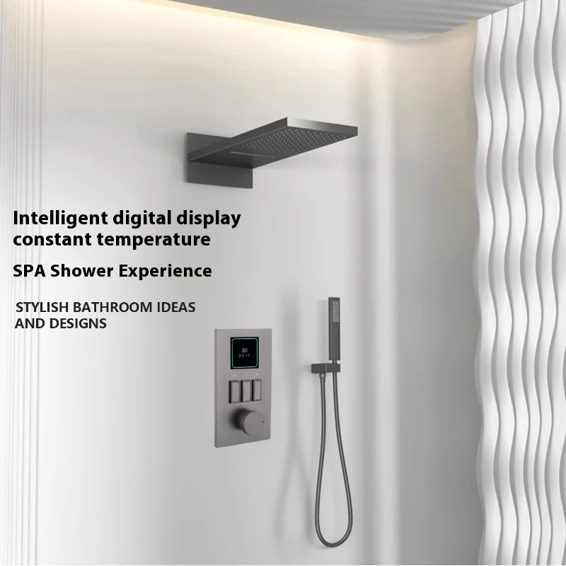 

Farrete luxur concealed thermostatic shower head full copper gun grey in-wall digital display button waterfall water shower set