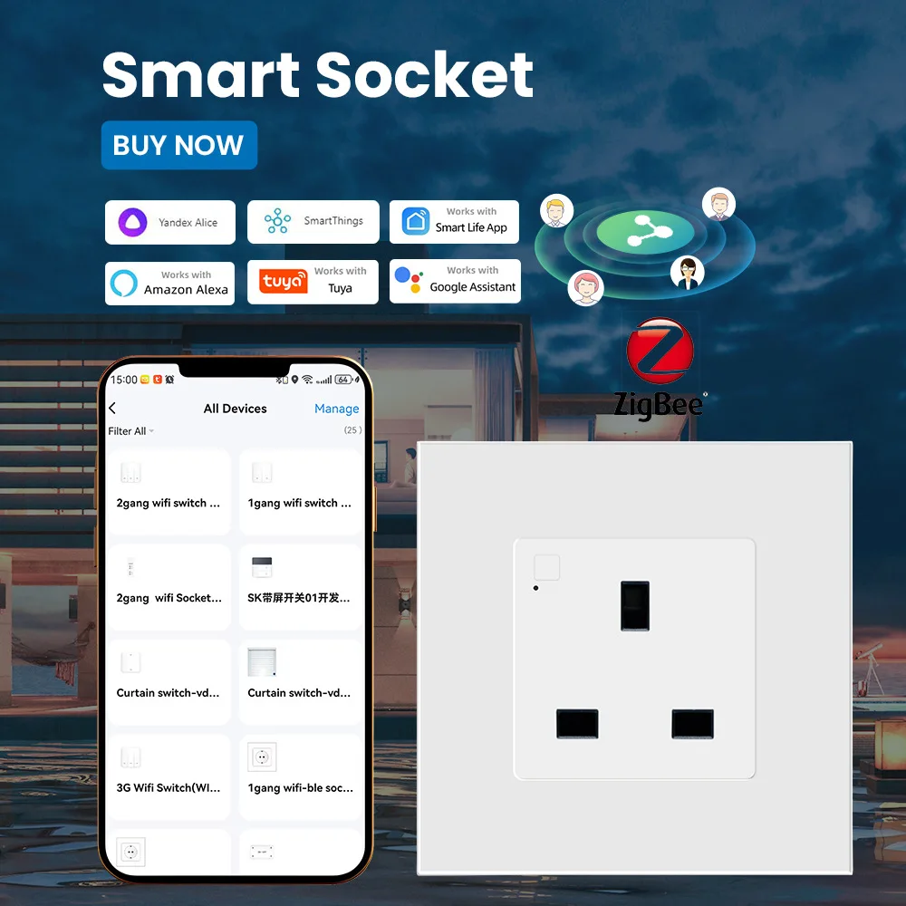 

Умная розетка Tuya Smart UK WIFI, стеклянная панель, 13A, настенная умная розетка, розетка с дистанционным управлением, дисплей в реальном времени