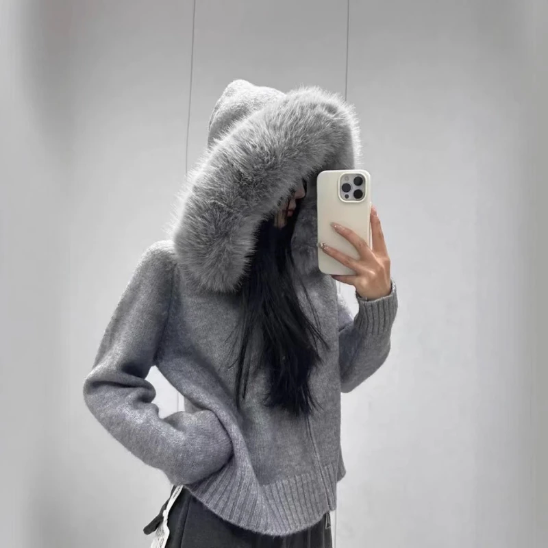 

Korean Retro Autumn Winter Knitted Cardigan for Women Loose and Casual Long Sleeve Hooded Sweater Coat with Fur Collar
