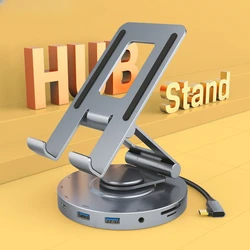 8 in 1 Multi USB C Hub with 360 Rotating Stand HDMI 4K 60Hz PD 100W USB 5Gbps SD TF Aux 3.5mm for iPad Pro Tablet C441