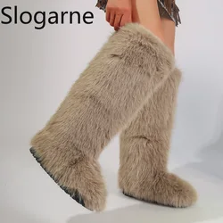 Women New Faux Fox Fur Long Boots Knee High Light Colour Fur Snow Boots Ladies Platform Push Shoes Drop Shipping Winter Shoes