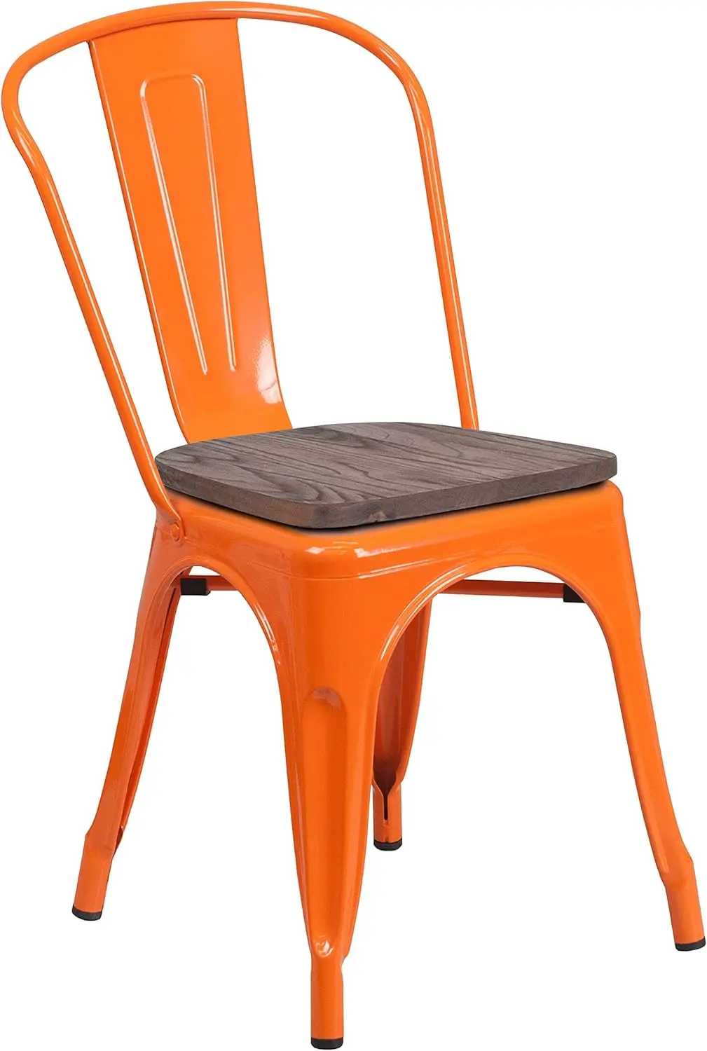 Orange Metal Stackable Chair With Wood Seat