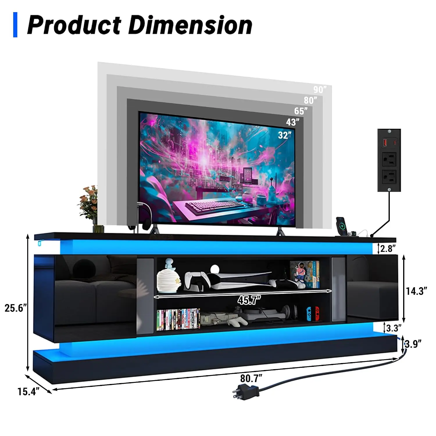 81IN LED TV Stand w/Power Outlet for 90/80/75 Inch TVs,High Glossy  Center w/2 Storage Cabinets,Dual LED Lights,Black,Customized