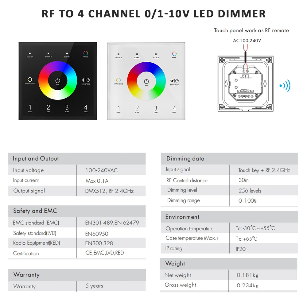 WT5 Tuya Smart RGBCCT Controller 12V 24V DC 5 in 1 Dimmer RGB CCT RGBW RGBWW LED Strip Light Touch Panel 2.4G RF Wifi Controller