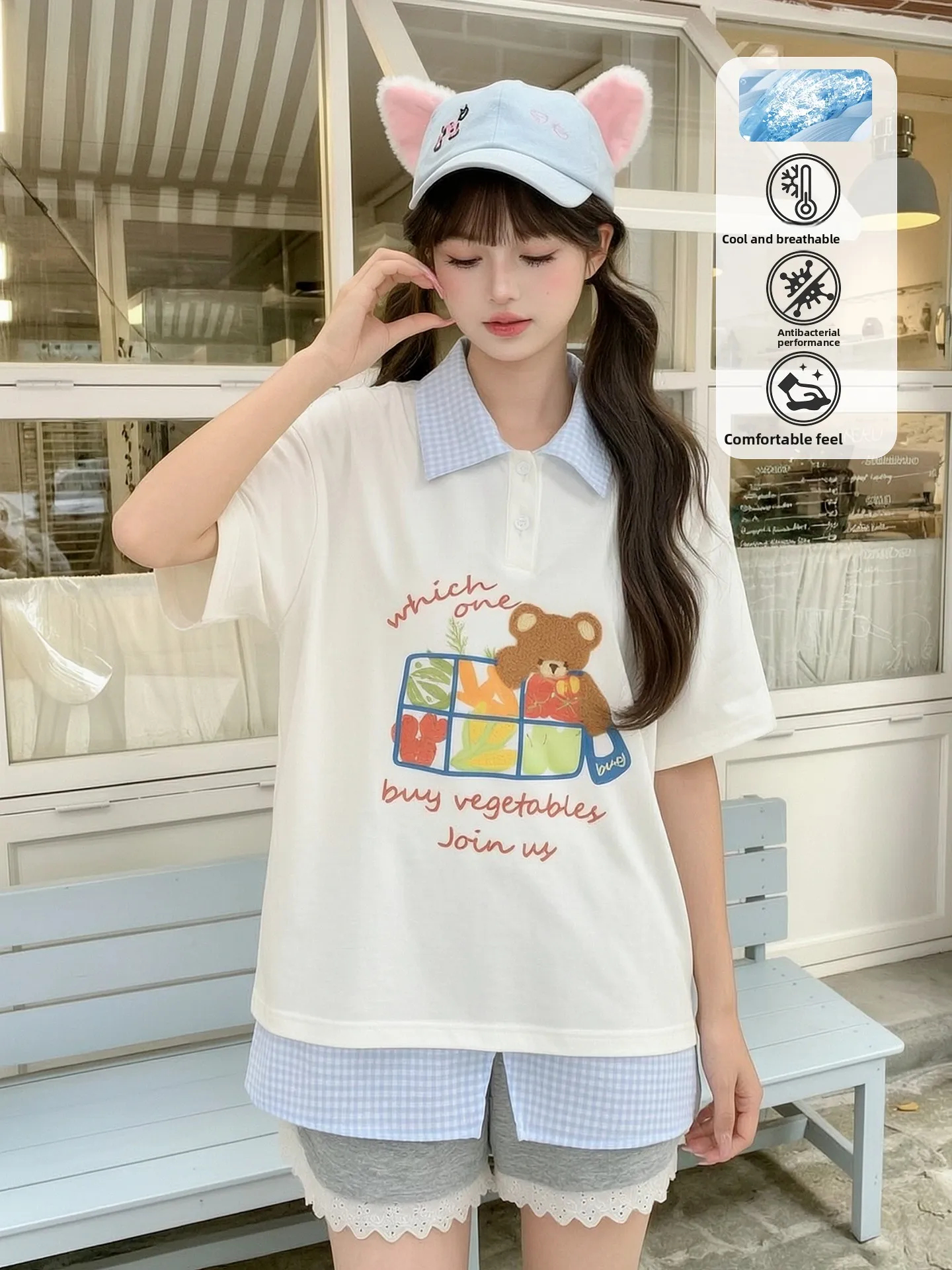 Sweet Style Loose Fit Short Sleeve T-Shirt Women's Bear Embroidery Cool Feeling Turn-down Collar Top Summer Breathable Cotton...