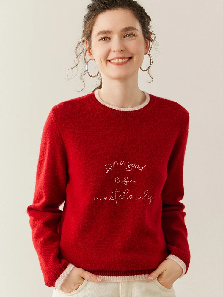 TLOML 여성용 100% 캐시미어 스웨터 오넥 긴 소매 풀오버 컬러 블록 자수 캐시미어 니트웨어 가을 겨울 시크 탑