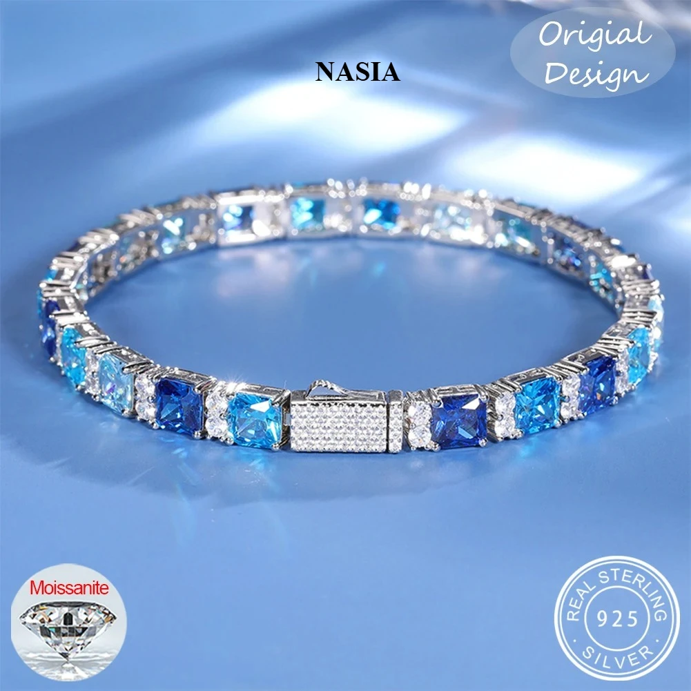 NASIA Gradient Blue Square Baguette Tennis Bracelet for Women S925 Silver New Original Men Unisex Hip Hop Jewelry Party 2026