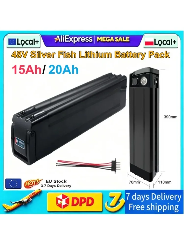 48V 15Ah 20Ah Silver Fish Lithium-Ionen-Akku, abnehmbar, 4-Pin-Anschluss mit 2A XLR-Ladegerät für 250W 500W 800W 1000W Motor, Ersatzakku für Elektrofahrräder, E-Bike-Ersatzteile
