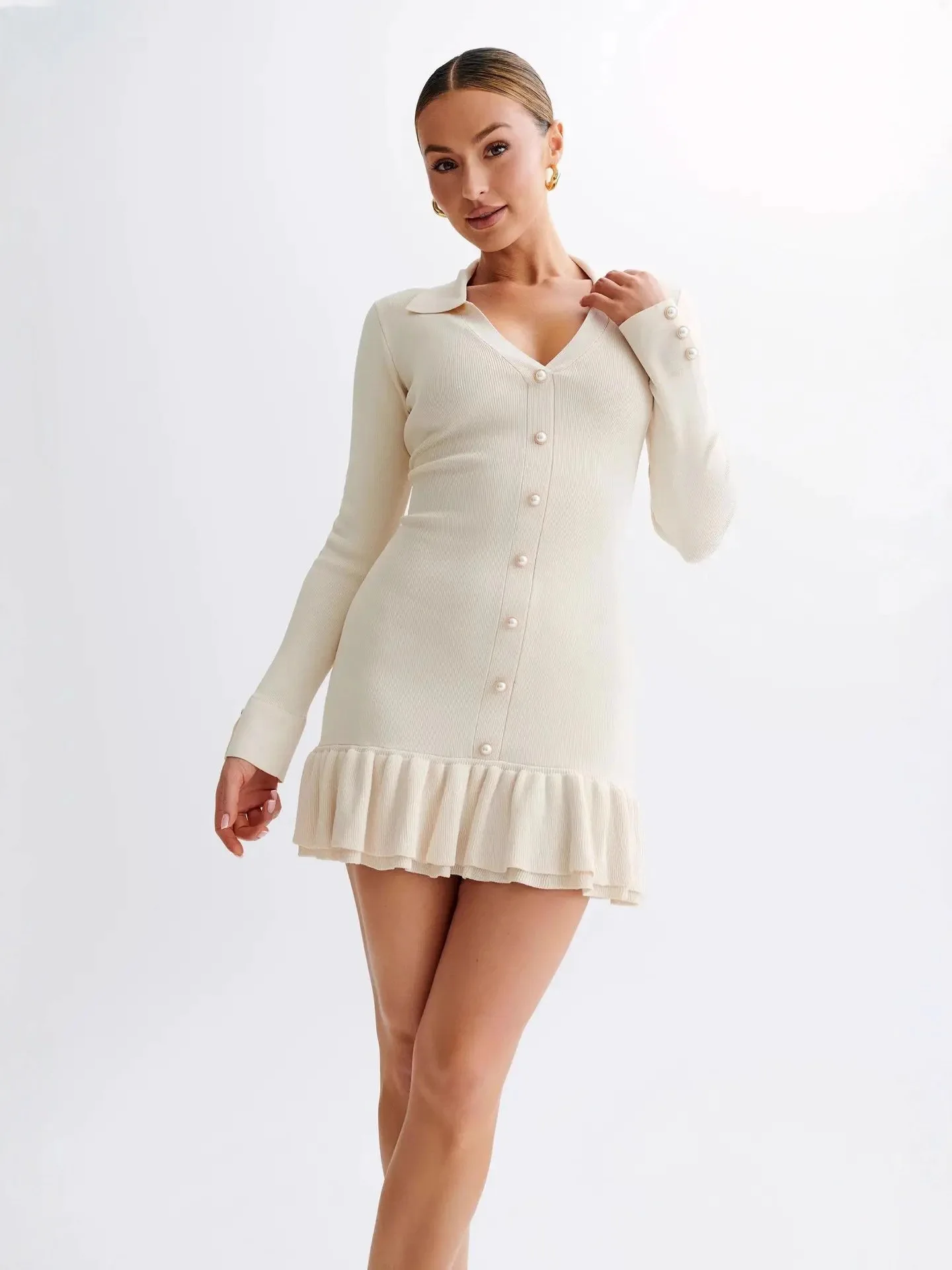 

Women's Knitted Mini Dress with Pearl Buttons Shirt Collar Ruffled Hem Long Sleeve Bodycon Off - White Elegant Casual Party Wear