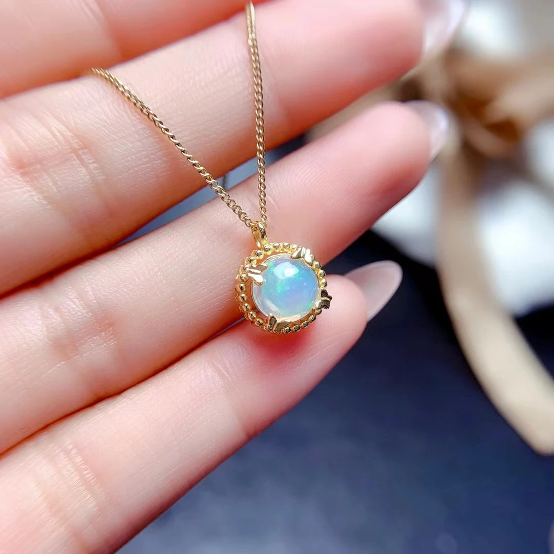 

MeiBaPJ 7mm Natural Opal Fashion Pendant Necklace 925 Pure Silver Colorful Stone Fine Wedding Jewelry for Women