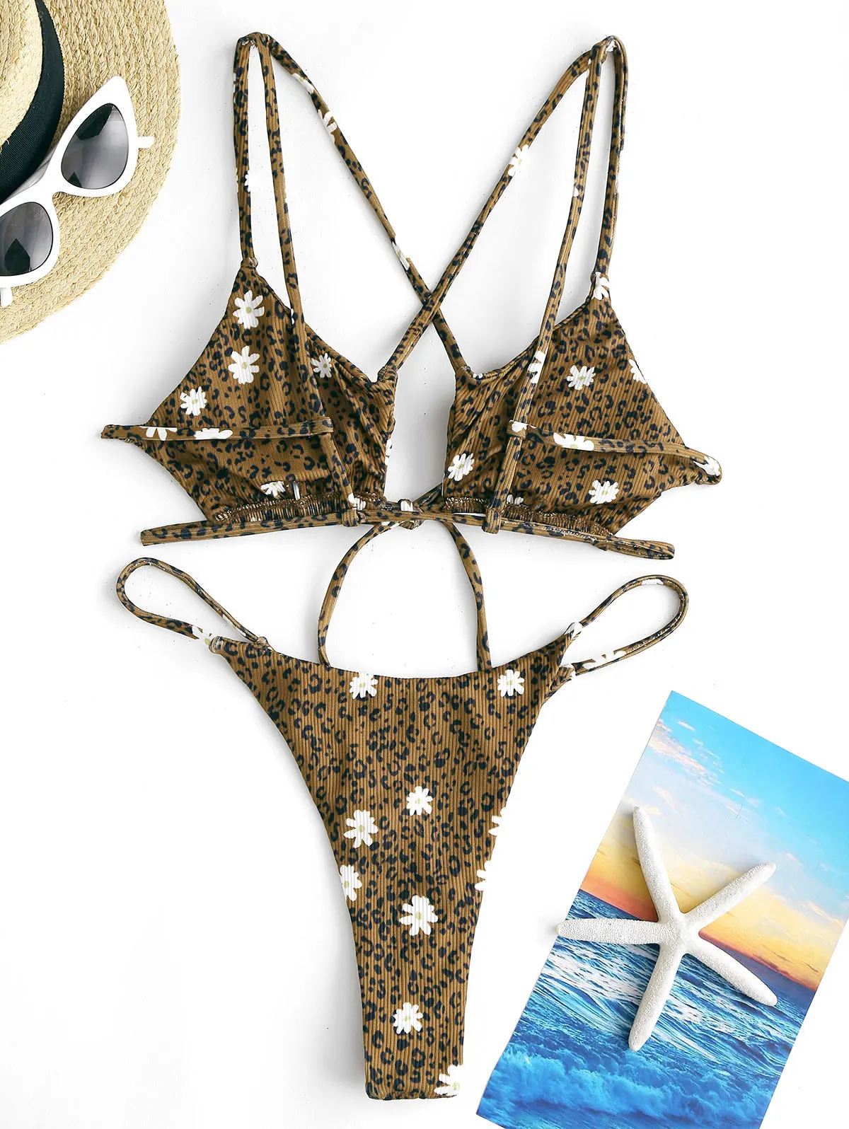 ZAFUL Leopard Daisy Criss Cross String Bikini Swimwear