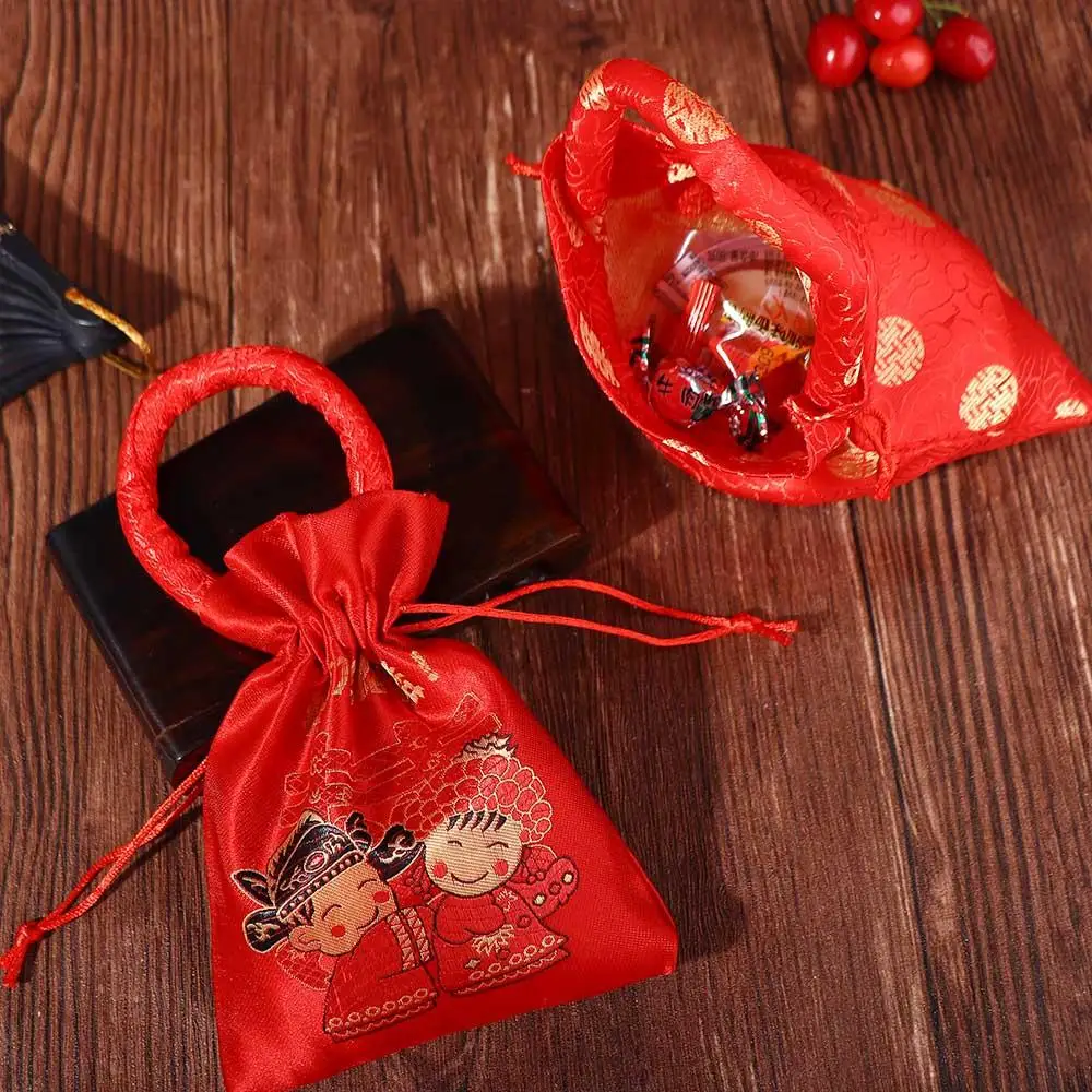 Kreatif Gaya Cina Simpul Cina Brokat Pengantin Wanita dengan Tas Paket Rumbai Tas Pegangan Hadiah Pernikahan Tas Permen