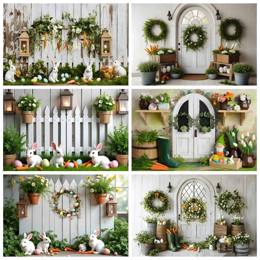 

Easter Day Photography Backdrop Green Garland Rabbit Bunny Eggs Carrot Kids Portrait Indoor Wooden Board Photocall Backgrounds