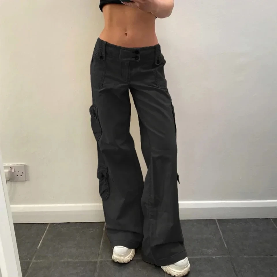 

Cargo Jeans Women Street Retro Straight Casual Trousers Irregular Multi-pocket Wide Belt Design Jeans