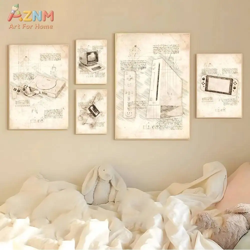 AZNM Vintage Game Console Sketch Canvas Wall Art Prints Retro Video Controller Blueprint Gaming Room Decor Poster