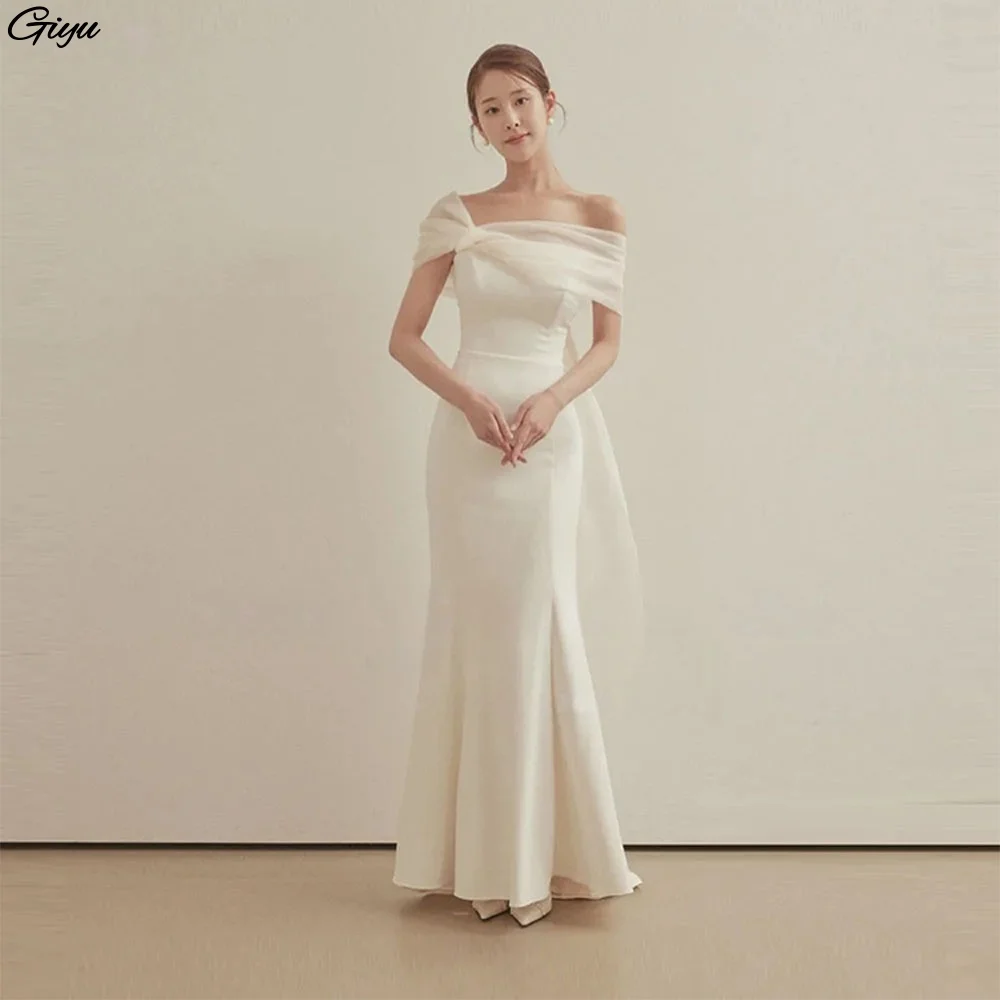 Giyu Off Shoulder Korea Ivory Mermaid Wedding Dresses 웨딩드레스 Satin Short Sleeves Customized Pretty Bride Gowns Plus Size
