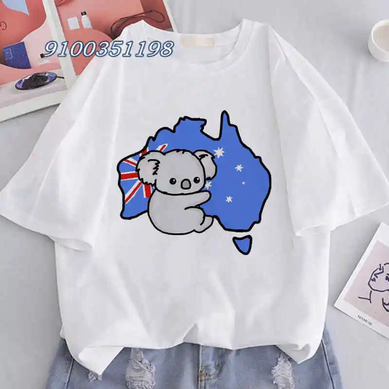 Schattige Koala Dieren Afdrukken T-Shirt Tops Leisure Girl Tshirt Cartoon Meisjes Witte Korte Mouwen Normaal Shirt Femme Dropshipping