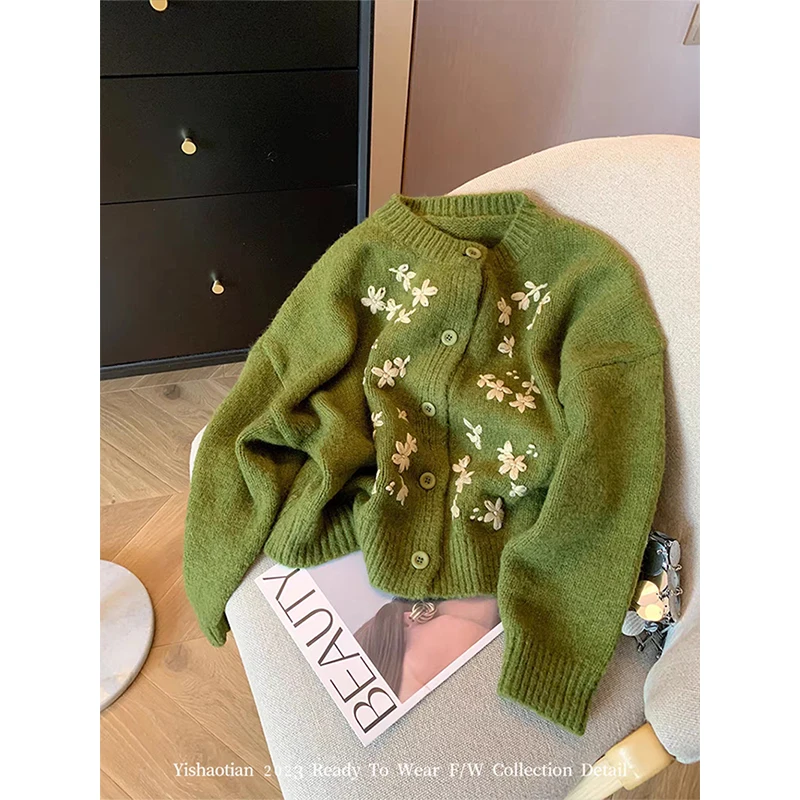 Vintage Floral Cropped Knitted Cardigan Women Embroidery Sweater Coat Korean Elegant Single Breasted Knitwear Casual Jumpers New