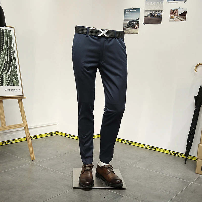 

Изысканные мужские брюки в британском стиле, темно-синие облегающие классические брюки из смесовой шерсти из 23% шерсти для повседневной деловой одежды 30 36