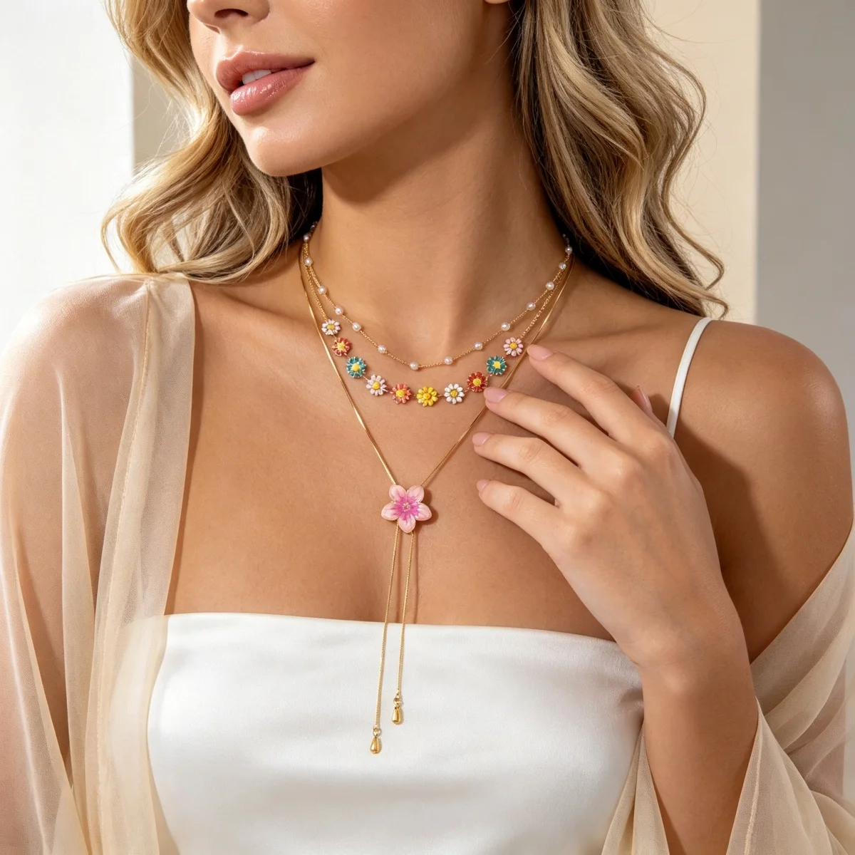 Süße, bunte Emaille-Halskette mit winzigen Gänseblümchen, Schlangenkette, Y-förmiger Quaste und simulierten Perlen für Damen, florales Choker-Schmuckstück – Detail 8