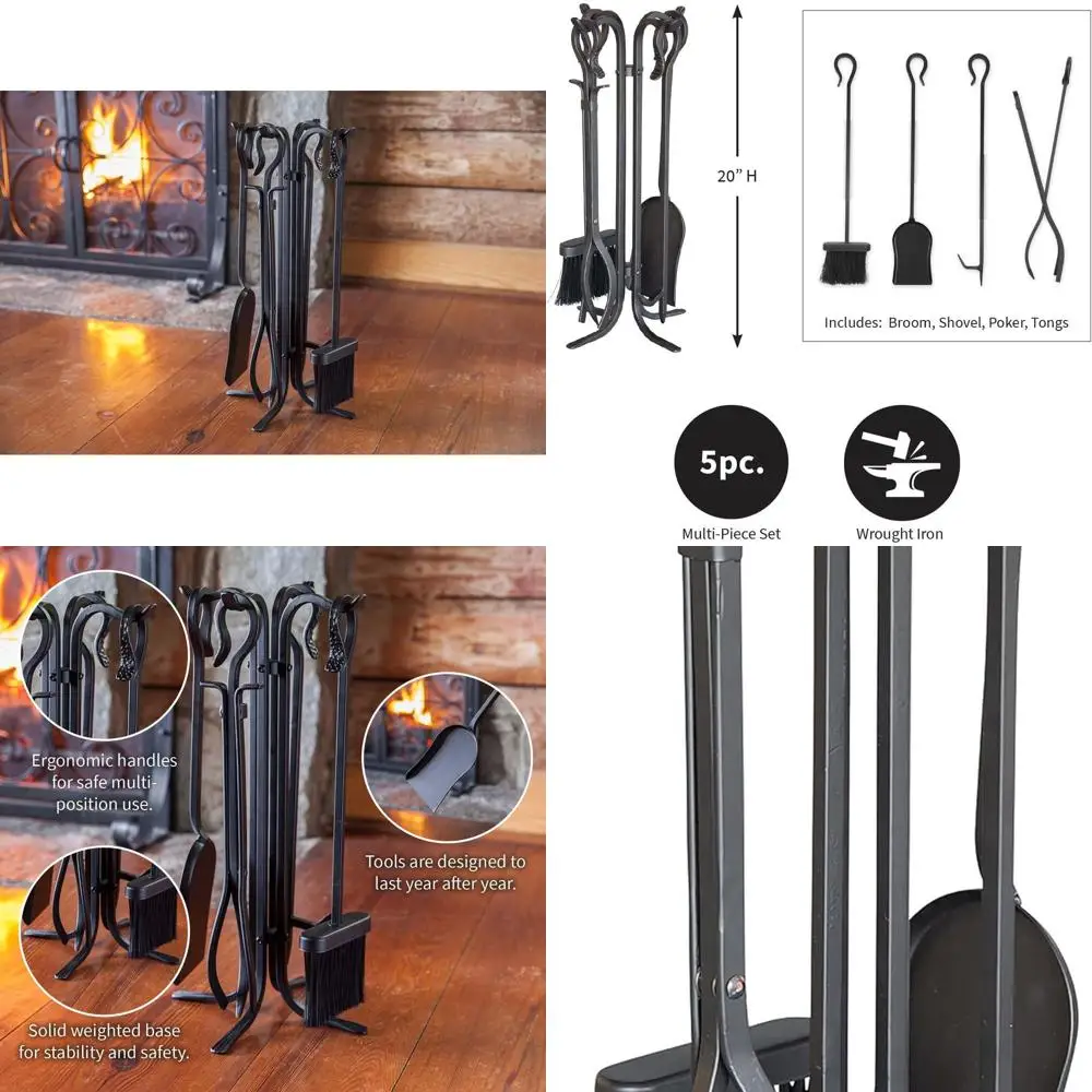 

20 Black Wrought Iron 5-Piece Fireplace Tool Set | Compact Hand Forged for Indoor & Outdoor Use | Includes Stand, Poker, Shovel,