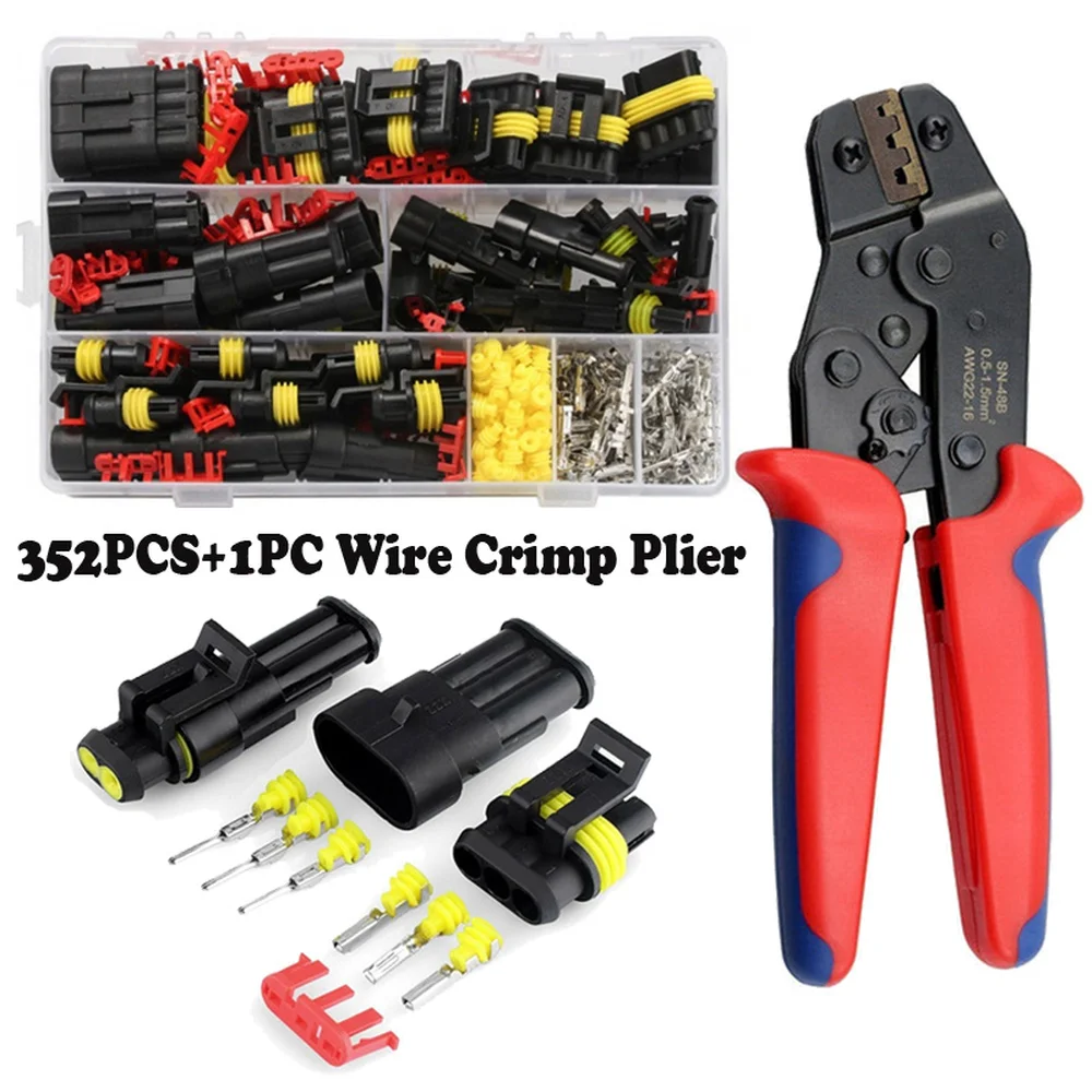 

352PC Wire Connector Plug Kit Car Waterproof Connector With1PC Self-Adjusting Ratcheting Crimper Set