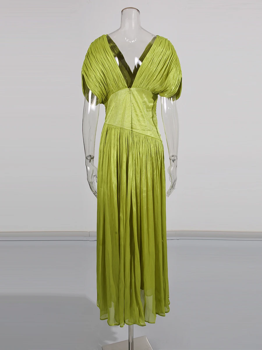 CHICEVER-vestido liso con pliegues empalmados para mujer, cuello en V, manga corta, adelgazante, estilo playero, ropa nueva de moda de otoño