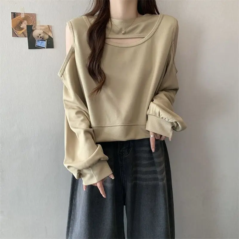 2024 New Off Shoulder Design Sweater  Spring and Autumn Blue White Hollowed-out Loose Niche Long Sleeved Short Spice Girl  Top