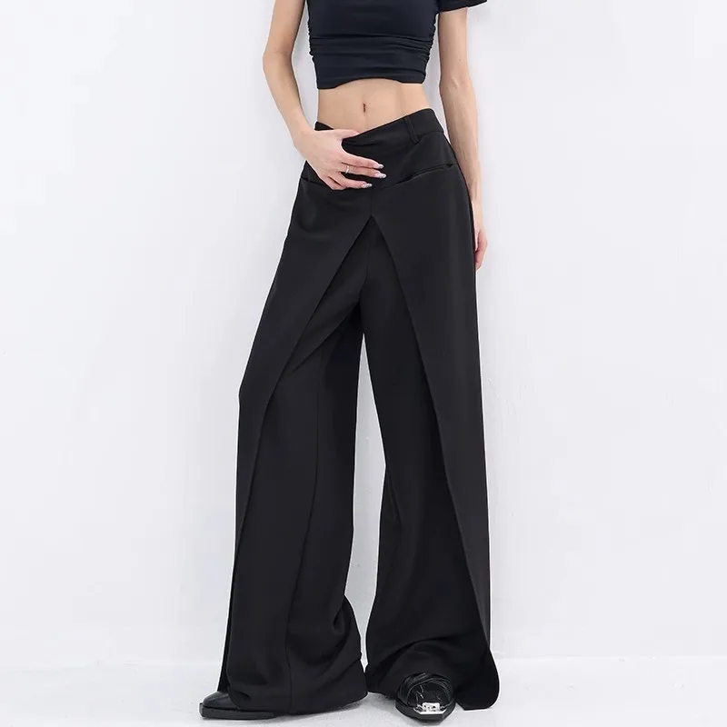 

New Items Trendy Women Fake Two-Piece Wide Leg Y2k Chic Pants 2024 Spring Fashion High Waist Solid Color Trousers Female 2000s