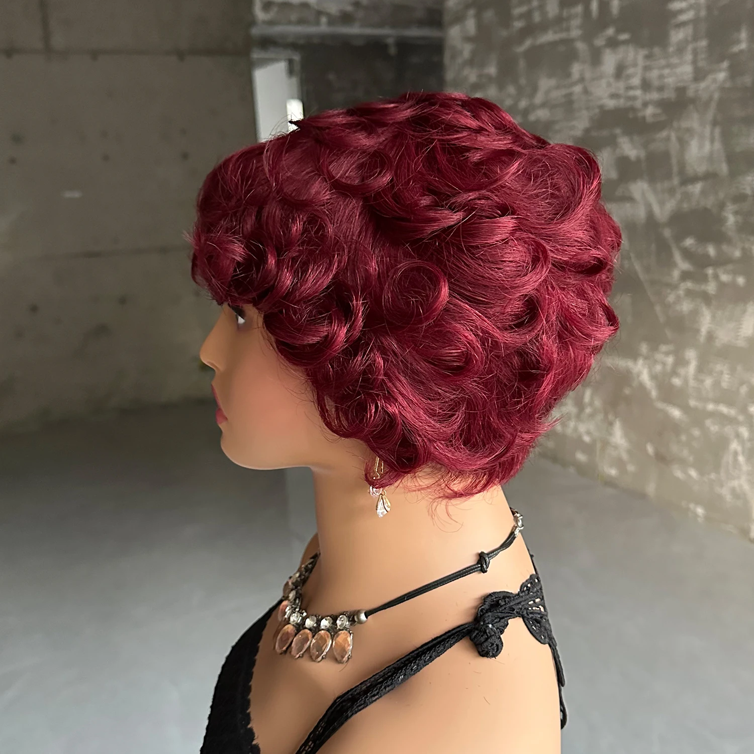 Short Wavy Curly Pixie Cut Full Machine Made Human Hair Wigs With Bang For Black Women Remy Brazilian Hair Pixie Cut Wig