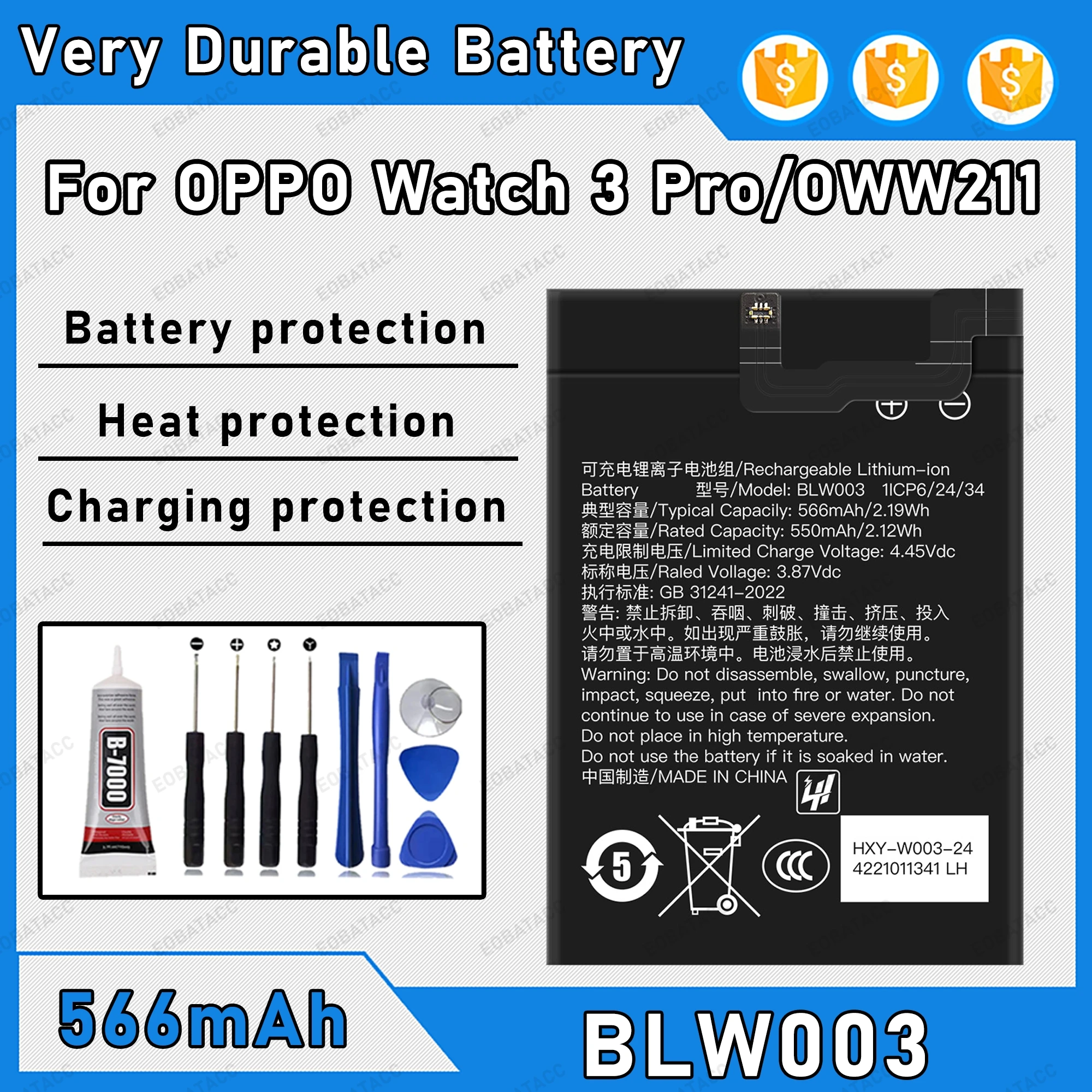 

566mAh 100% New BLW003 Battery For OPPO Watch 3 Pro/OWW211 Replacement Bateria+Free Tools
