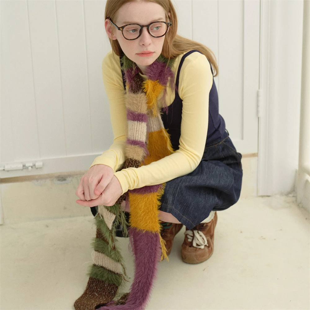 Women's Soft Knitted Color Block Stripe Tassel Scarf for Fall Winter