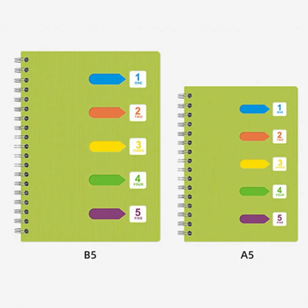 Caderno de papel grosso Premium espiral, A5, B5, com divisórias, Páginas espessadas para escrita suave 5 Assunto, Anel de bobina