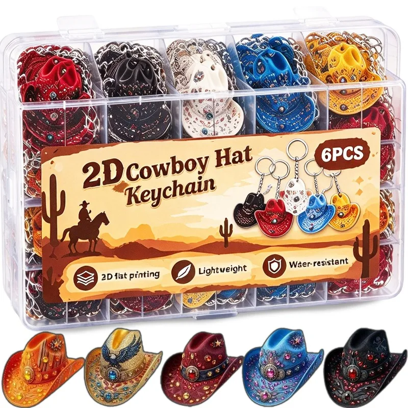 1/6Pcs 2D Flat Western Cowboy Hat Keychains for Women Men Funny Novel Backpack Hangings Cowgirl Hat Keyring Jewelry Accessories