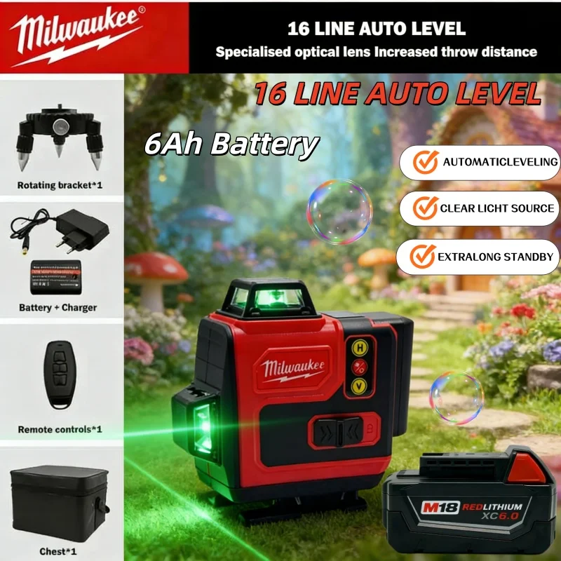 Niveau laser vert haute précision Milwaukee Lithium-ion 6Ah 18V 4D 6 lignes, portable, 360° horizontal et vertical