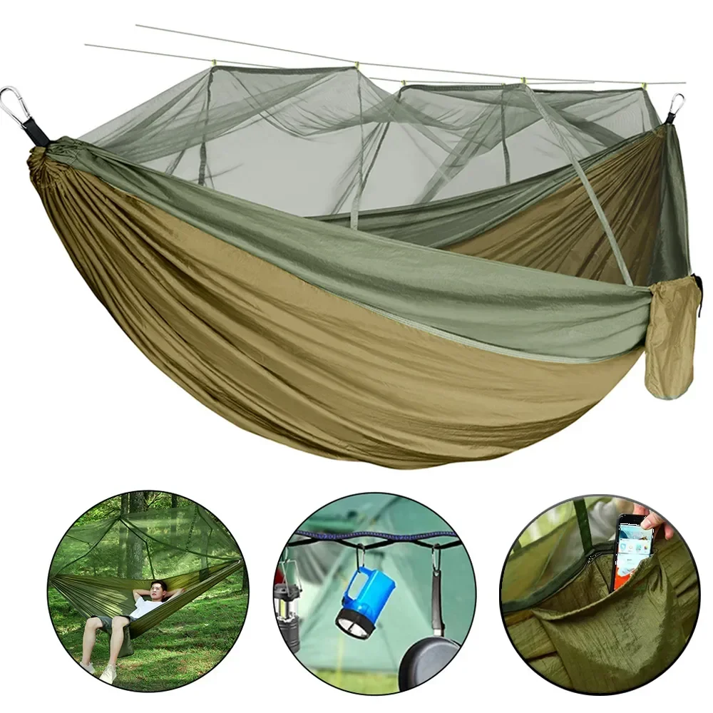 Automático de abertura rápida Mosquito Net Hammock, Outdoor Camping Pole, Anti-Rollover Hammock, Nylon cadeira de balanço, 260x140cm