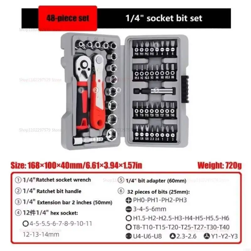 

48PCS Ratchet Socket Wrench Set 1/4 Adjustable Hand Tool Kit With CRV Screwdriver Bits For Home Auto Repair And Mechanical Work
