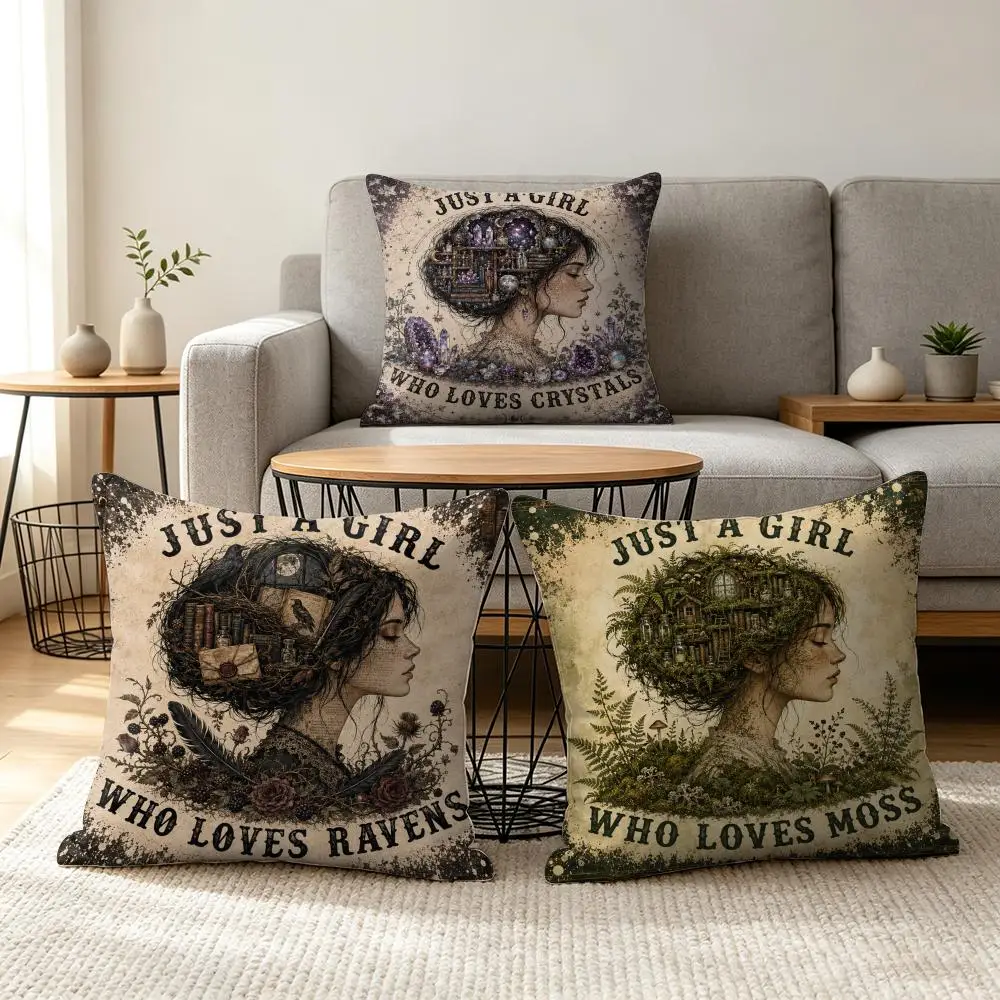 Vintage Book Lover Girl Cushion Cover Summer Linen Pillow Case Organic Fabric Cushion Cover Double-Sided Print Sofa Home Decor