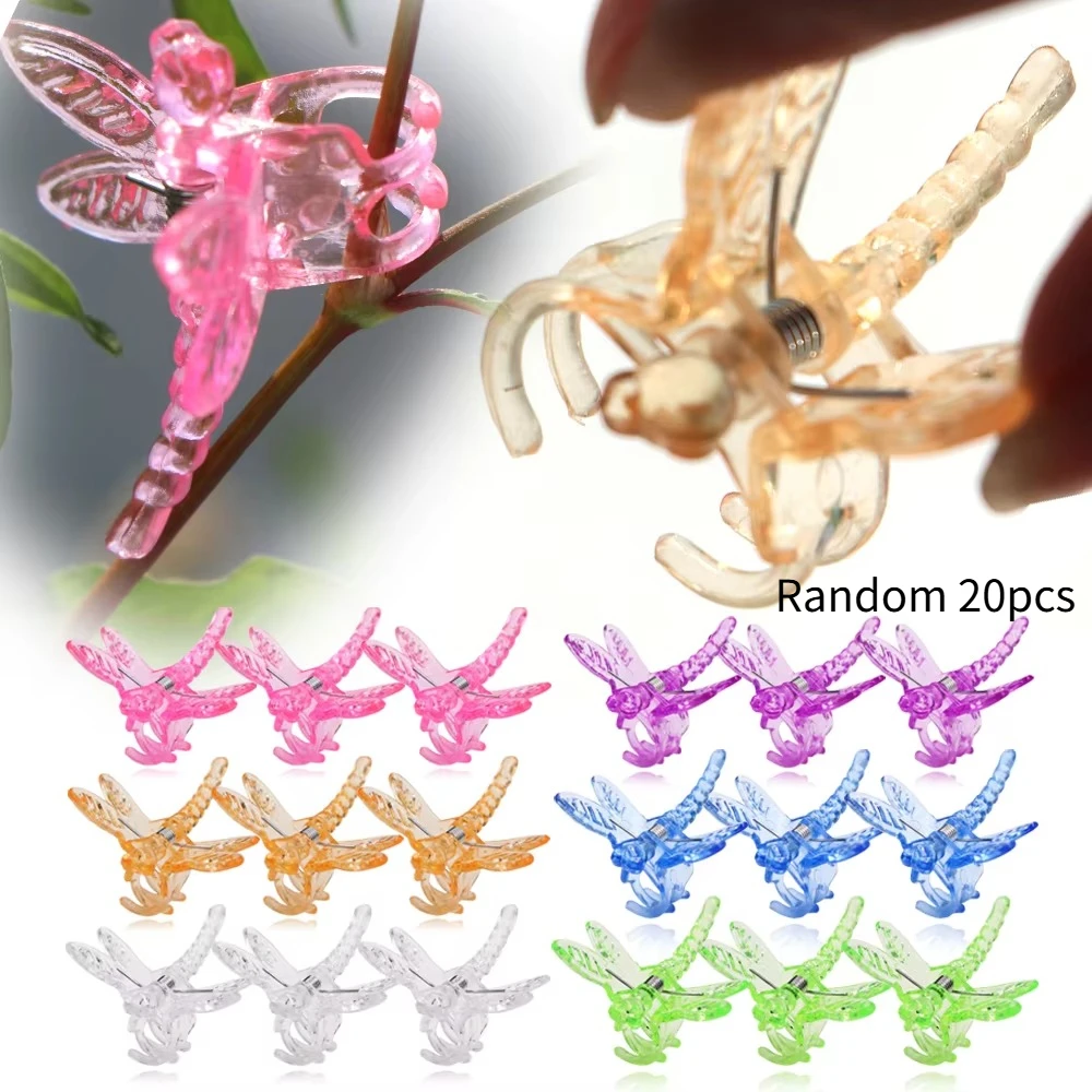 Random 20PCS Clips Reusable Plastic Dragonfly Hairclip for Bonsai Plant Support Flower Vine Ornamental Clamps Garden Tool