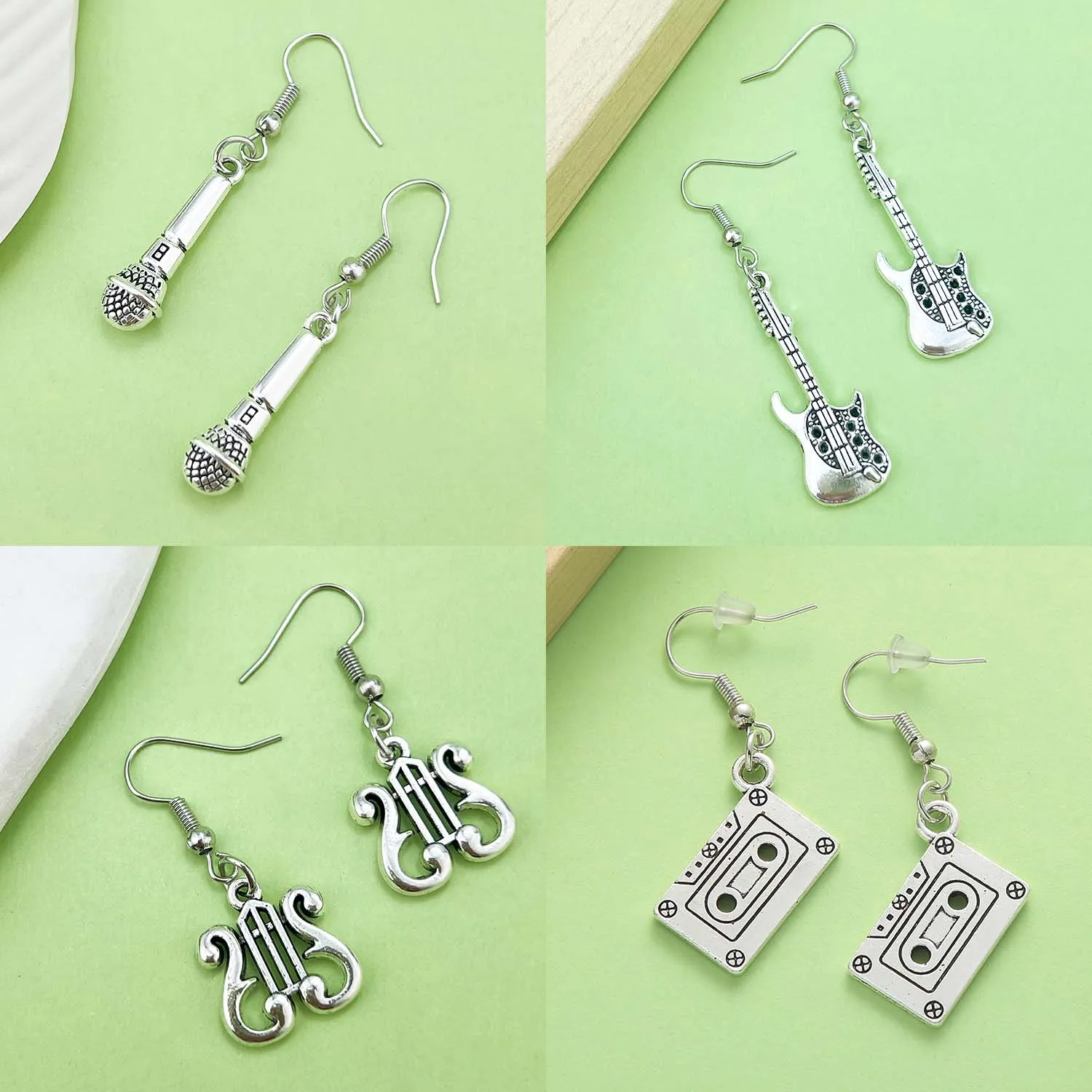 1Pair Rock Music Earrings, Alloy Microphone, Guitar, Organ, Tape Design Drop Earrings, Jewelry Gifts for Women Girls