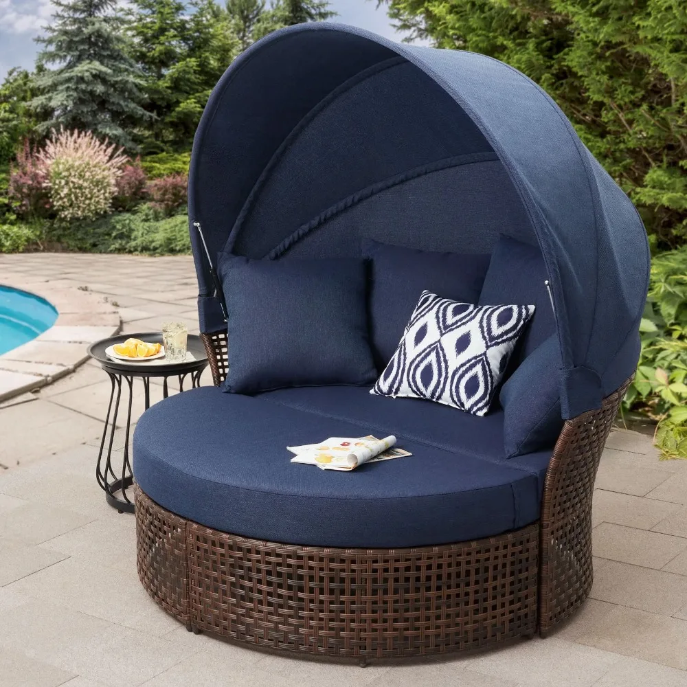 2-Piece Outdoor Daybed with Retractable Canopy, Blue